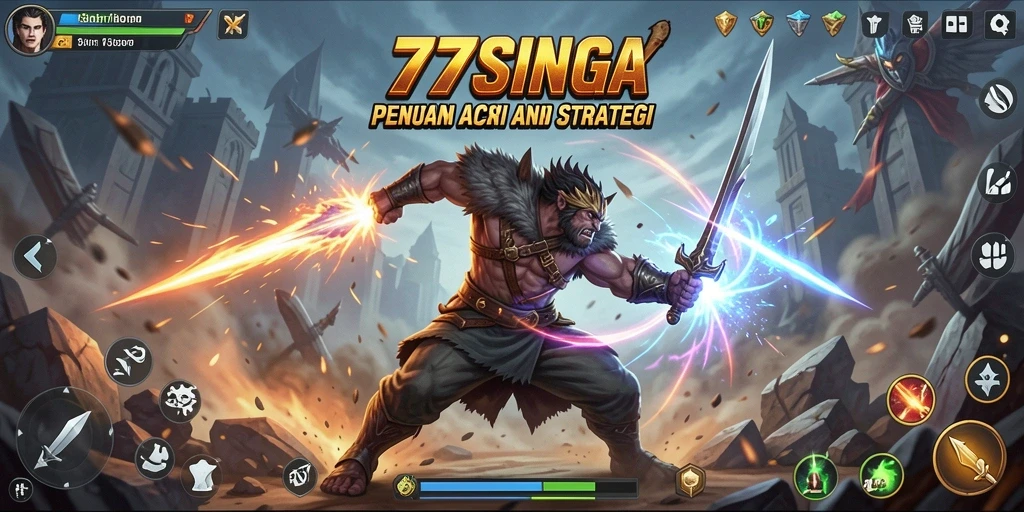 Screenshot utama 77SINGA menampilkan pertarungan intens antara karakter.