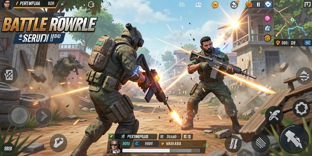 Screenshot dari gameplay <strong>888IDR</strong> menunjukkan aksi seru di medan perang Battle Royale.