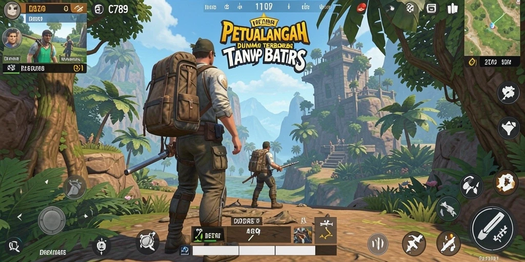 Screenshot menunjukkan pemain menjelajahi dunia terbuka dengan berbagai aktivitas.