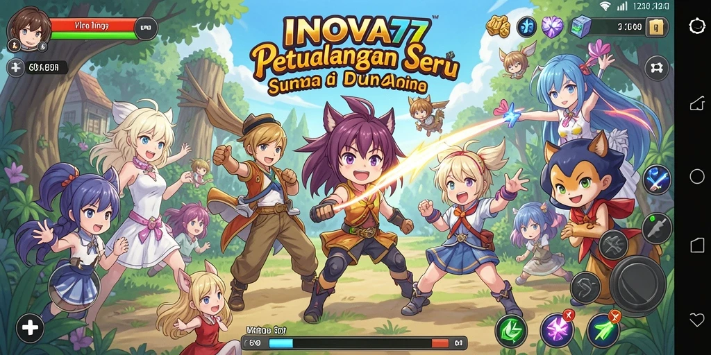 Screenshot gameplay INOVA77 yang menunjukkan pertarungan karakter anime.