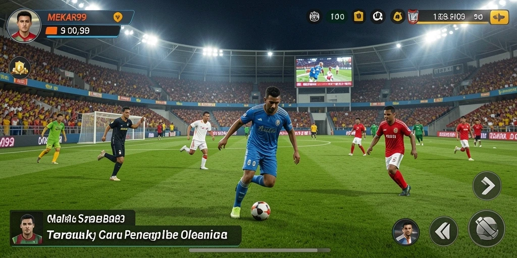 Tampilan gameplay seru di MEKAR99 dengan aksi sepak bola yang menegangkan.