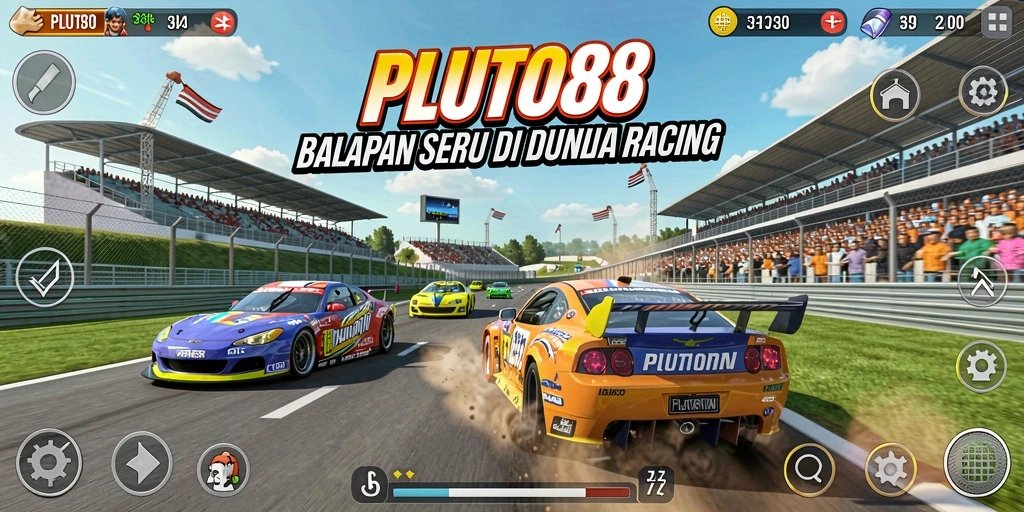Gameplay balapan mendebarkan di PLUTO88 dengan berbagai mobil dan trek.
