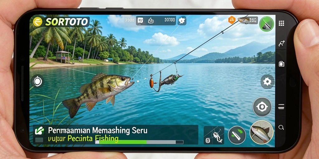 Screenshot gameplay SORTOTO menampilkan momen menangkap ikan di lokasi yang menakjubkan.